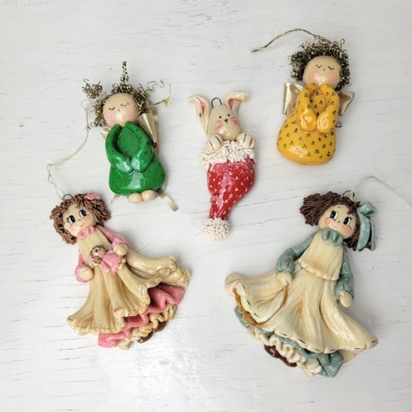 Vintage Christmas Ornaments Handmade Salt Dough Craft Set of 5 signed M.L. '89 - Picture 2 of 15